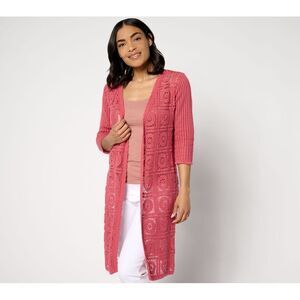 Joan Rivers Pink Crochet Long Cardigan Sweater
